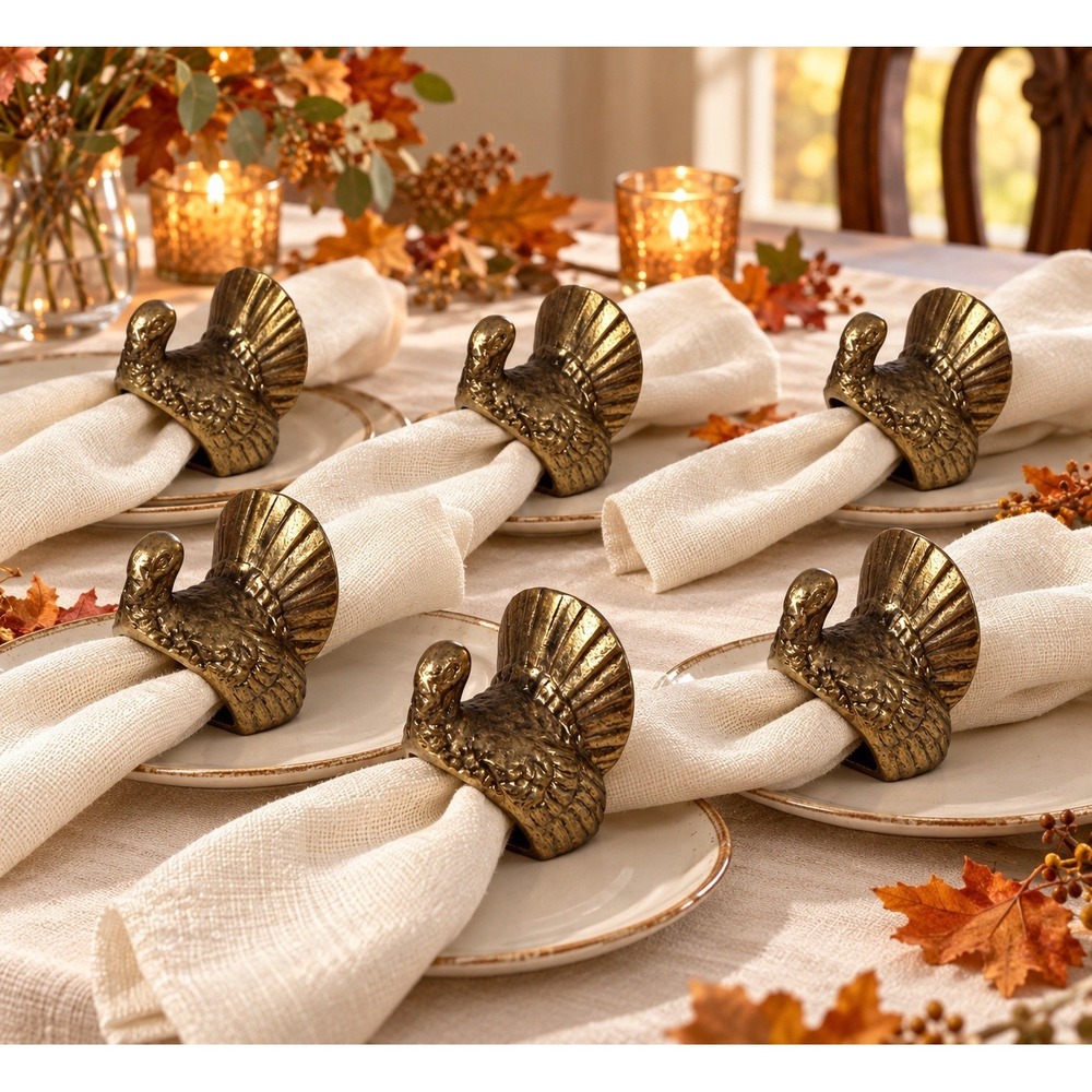 Vintage Brass Turkey Napkin Rings Set of 6 Thanksgiving Fall Harvest Decor